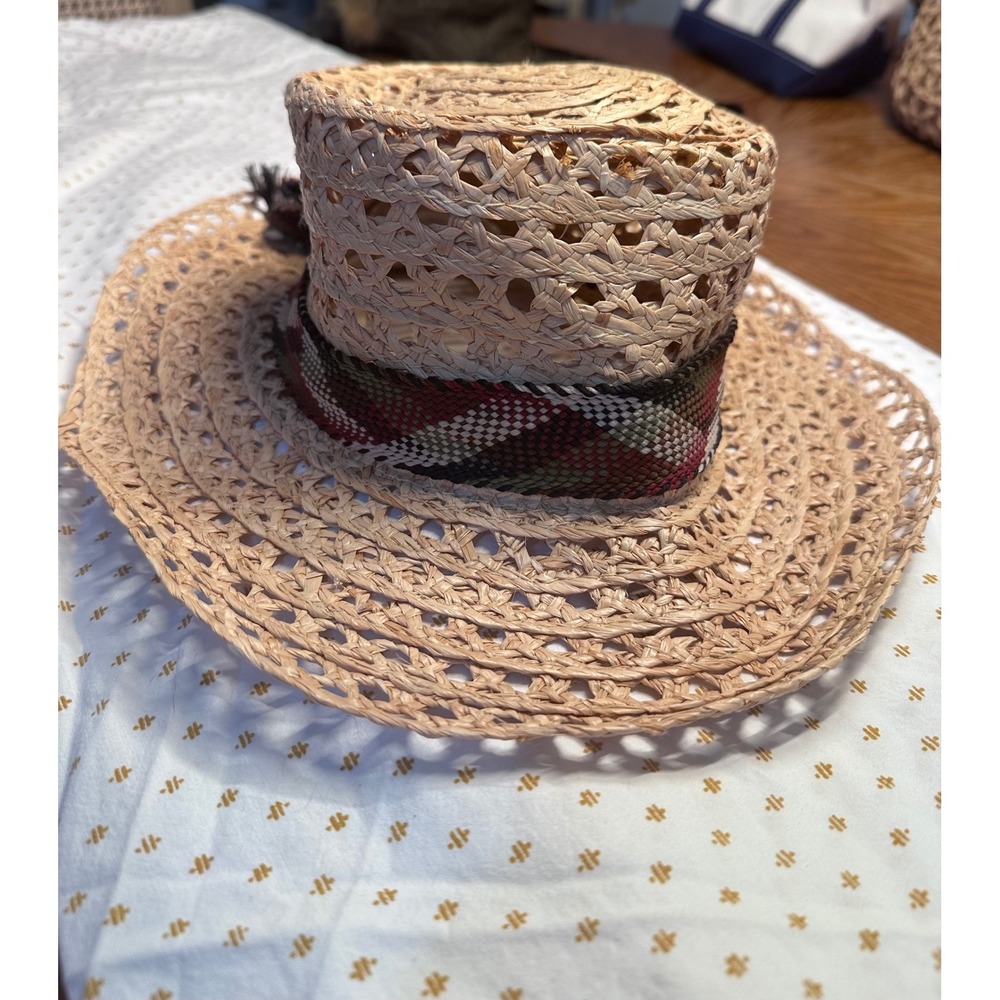 Liz Claiborne Vintage Straw Sun Hat Bow Band Open Weave Boater Beige Summer